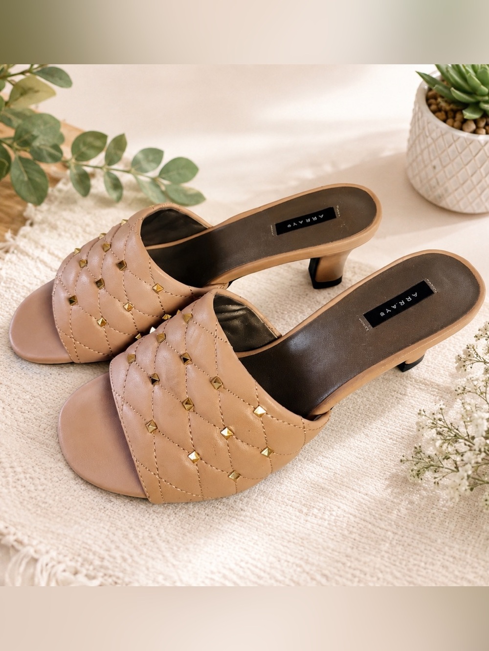 Array Quilted Slide Mules in Beige with Gold Studs